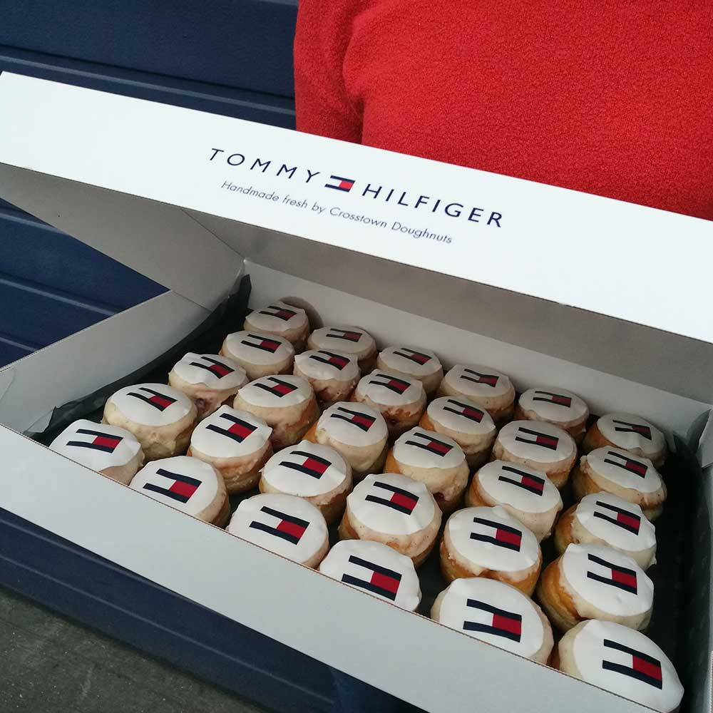 Tommy Hilfiger branded doughnuts in a custom box